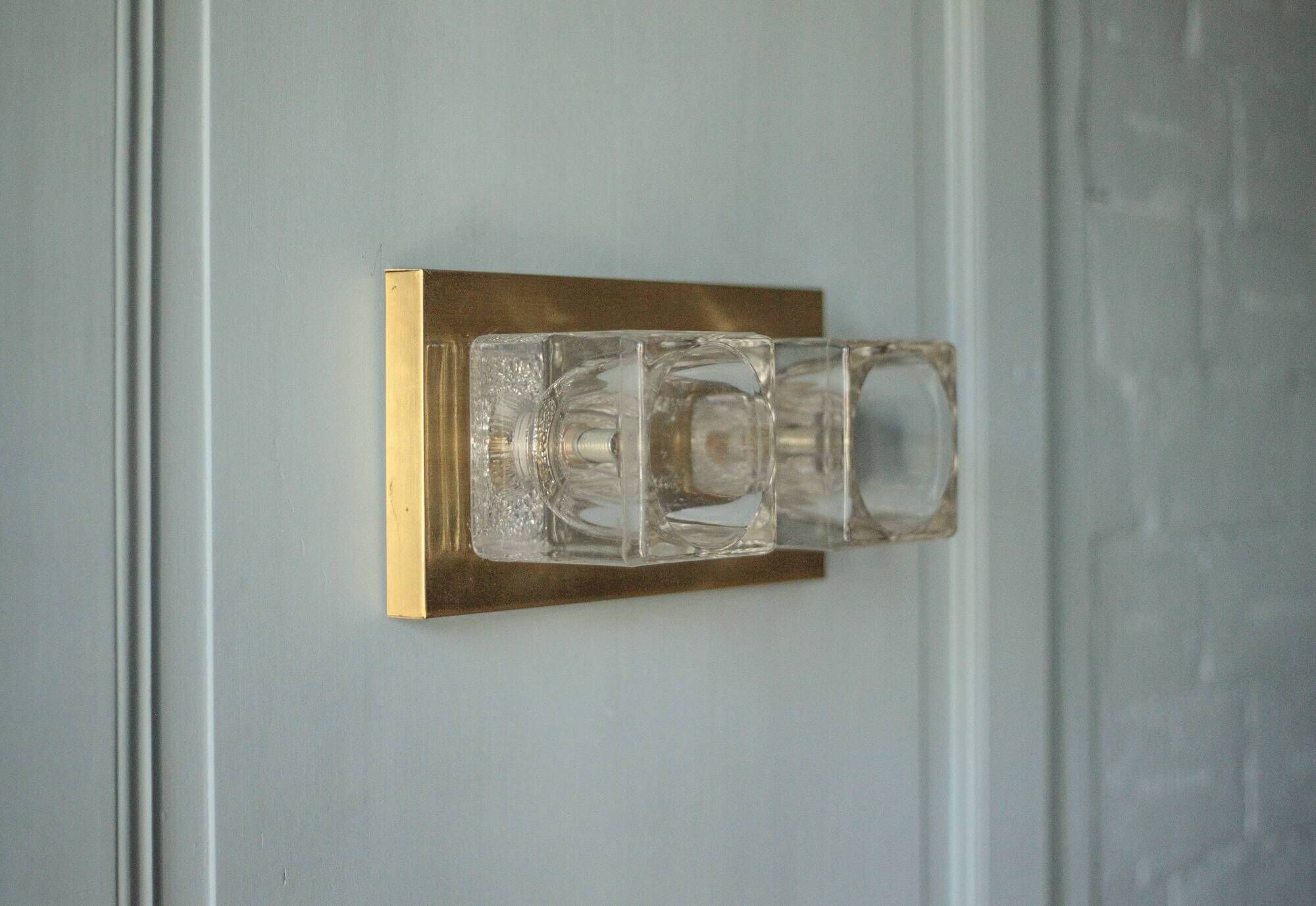 Peill & Putzler wall light, vintage, brass and thick glass wall sconce.