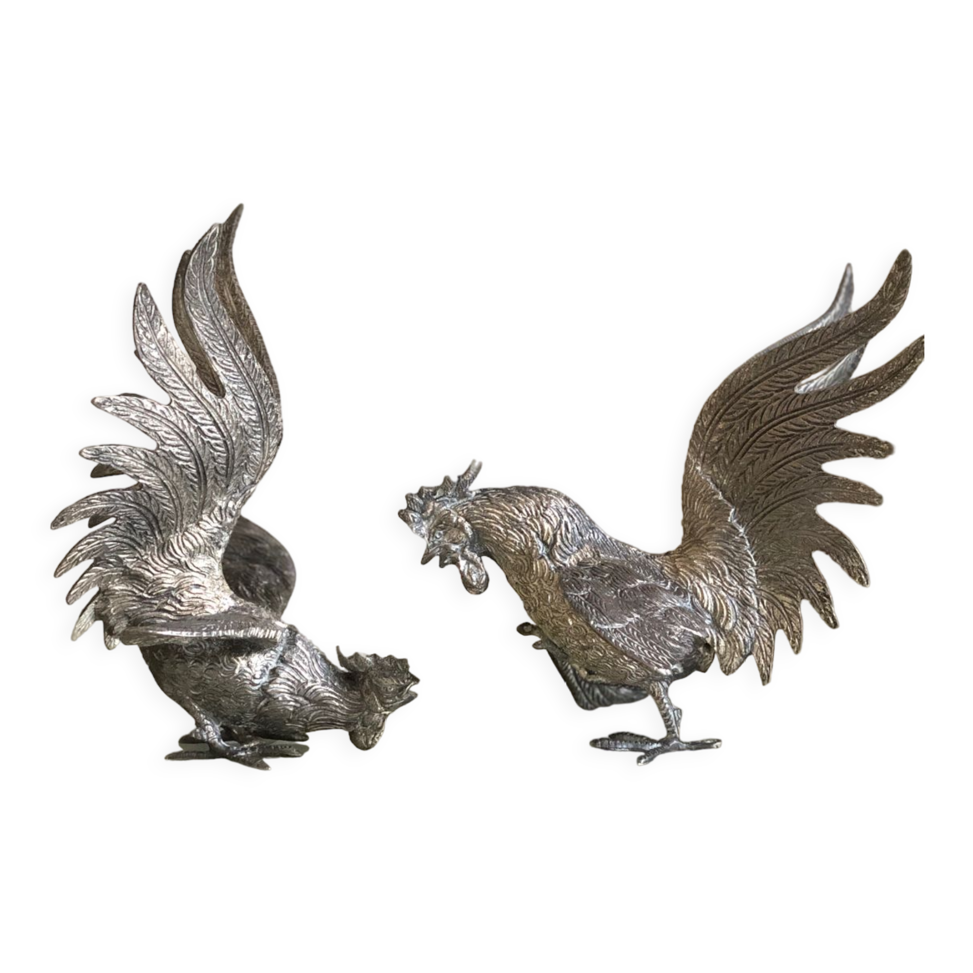 Vintage silver metal roosters