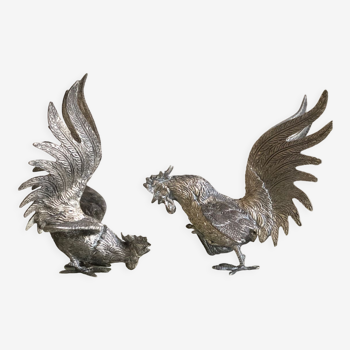 Vintage silver metal roosters