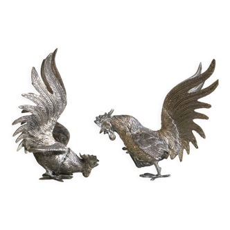 Vintage silver metal roosters