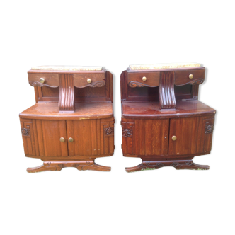 Rare Pair of vintage bedside rococo oak over marble feet whiskers