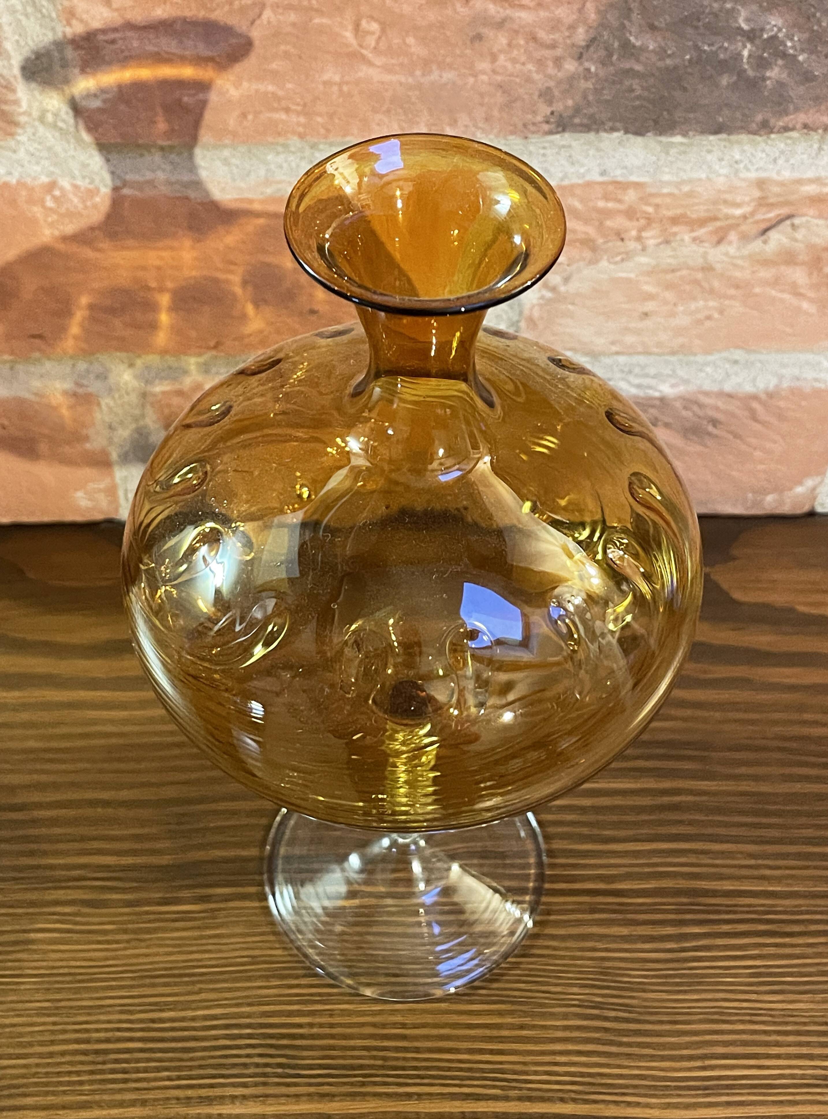 East German GDR Mouth-Blown Amber Art Glass Vase with Swirled Ribbing Texture, Possibly by Lauscha
