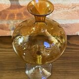 East German GDR Mouth-Blown Amber Art Glass Vase with Swirled Ribbing Texture, Possibly by Lauscha