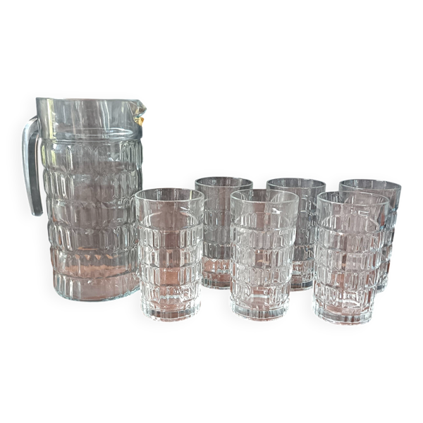 SERVICE orangeade en verre 1970, 6 verres et pichet Luminarc vintage