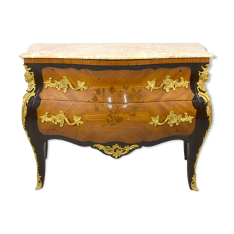 Commode sauteuse Louis XV marqueterie florale 1900