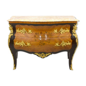 Commode sauteuse Louis XV marqueterie florale 1900