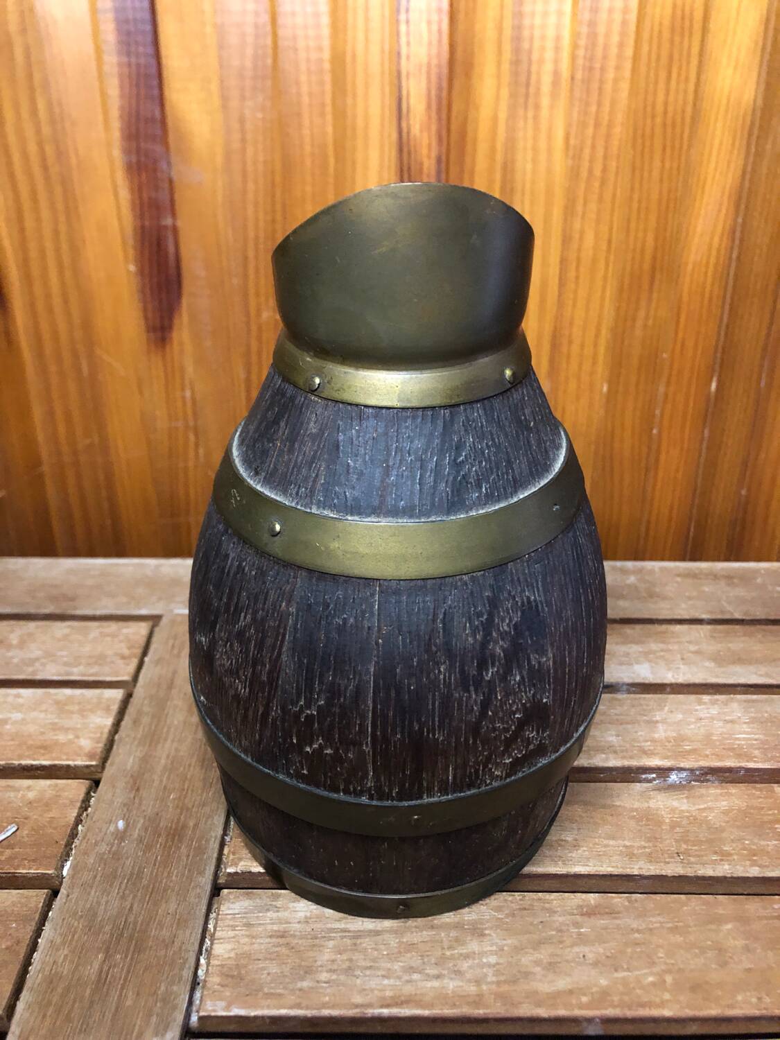 Old Wooden Pitcher + Vintage Brass Strapping