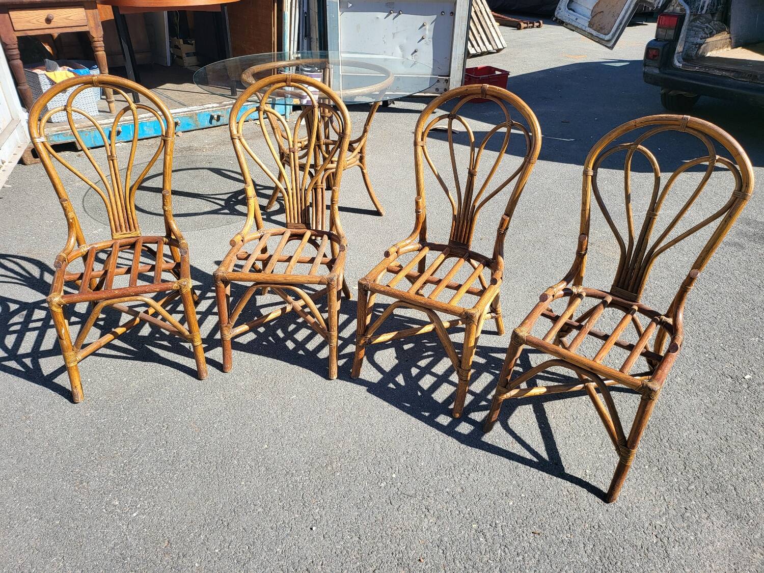 Vintage rattan and glass set - round table + 4 chairs