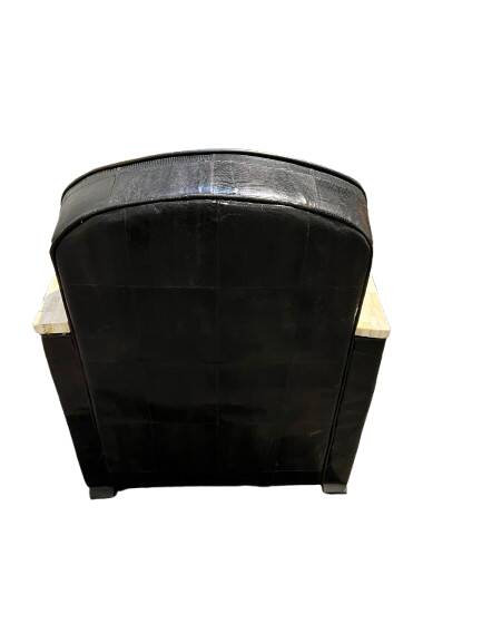 Pair of leather armchairs with marquetry armrests