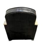 Pair of leather armchairs with marquetry armrests