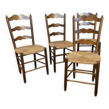 Set of 4 vintage wooden and straw chairs
