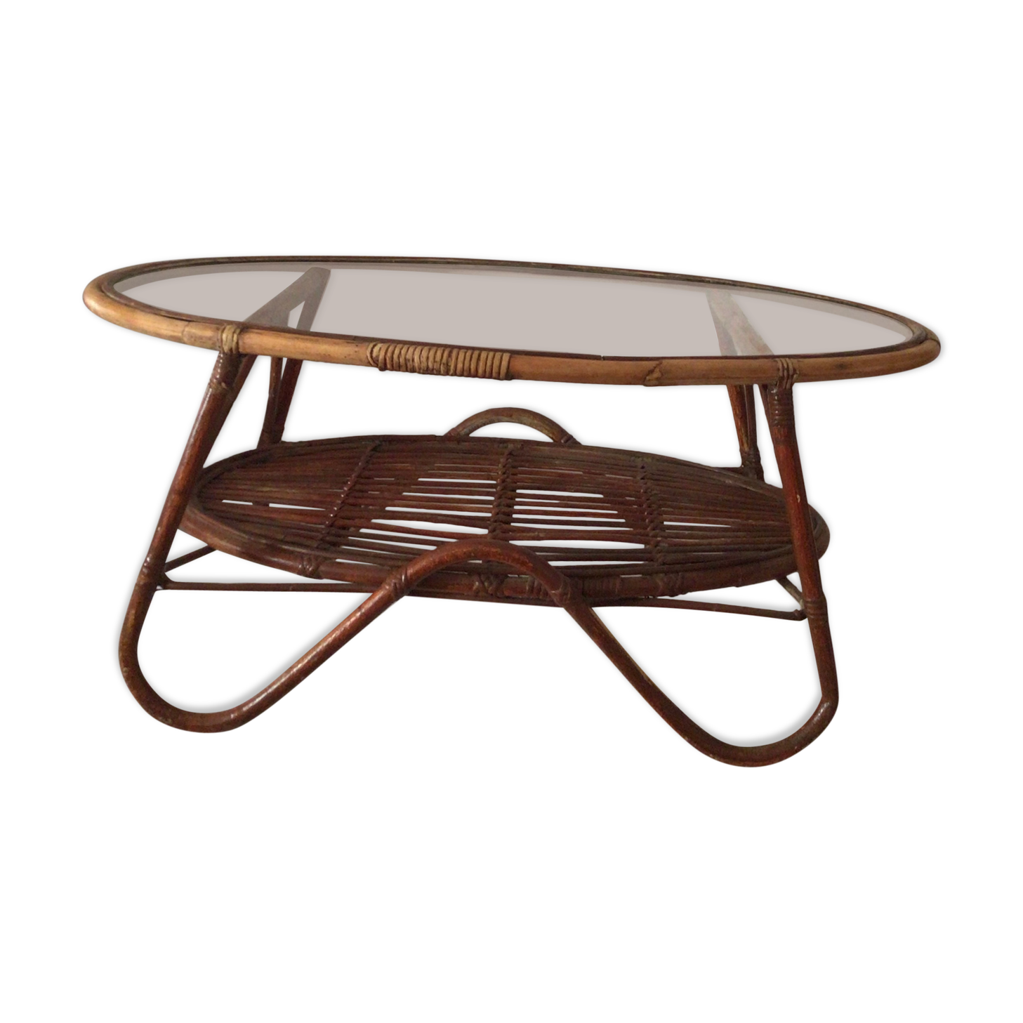 Vintage rattan oval-shaped coffee table