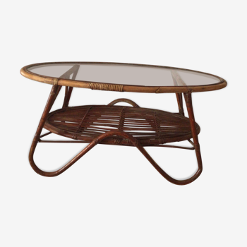 Vintage rattan oval-shaped coffee table