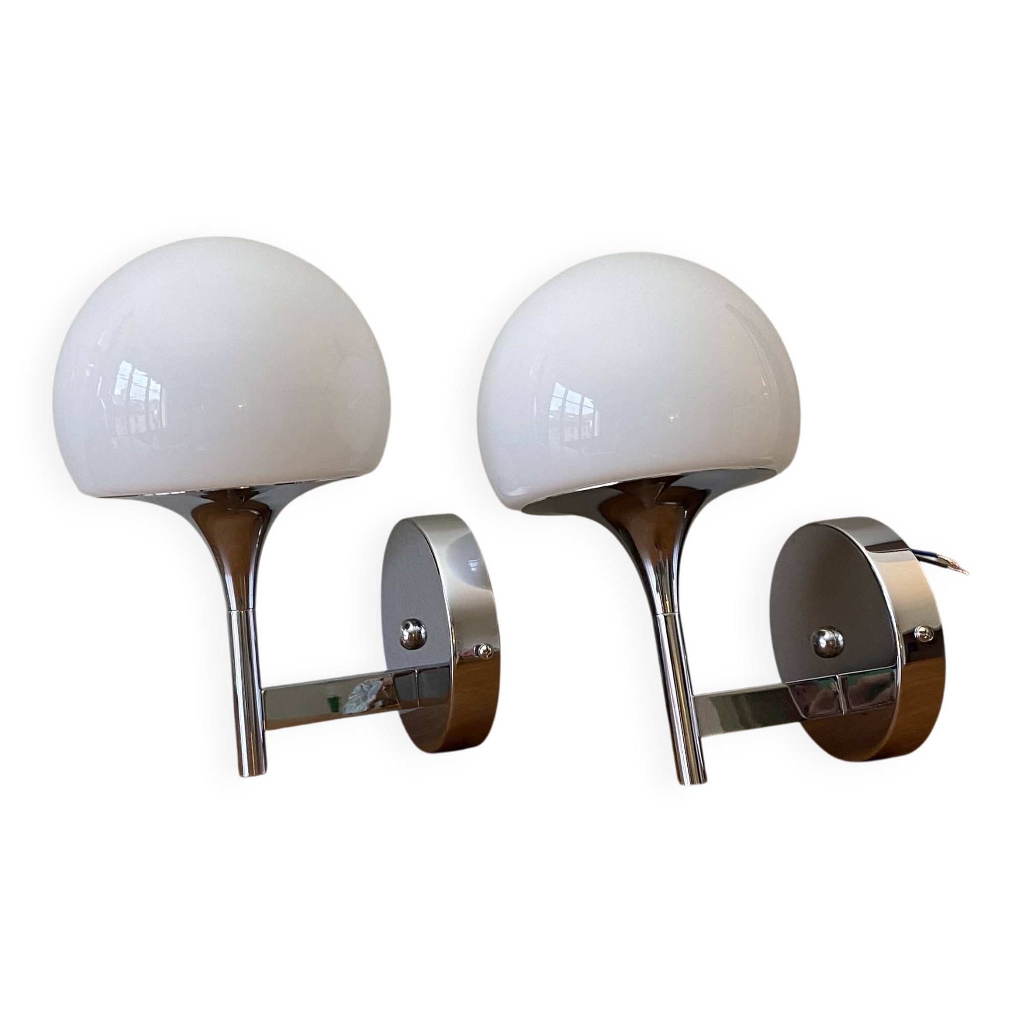Pair of seventies wall sconces with chrome metal and opaline glass globe.