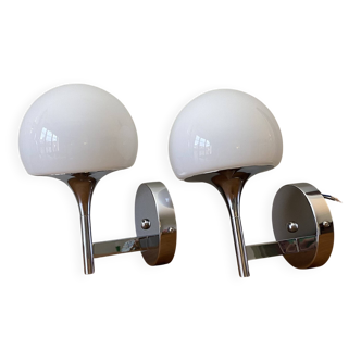 Pair of seventies wall sconces with chrome metal and opaline glass globe.