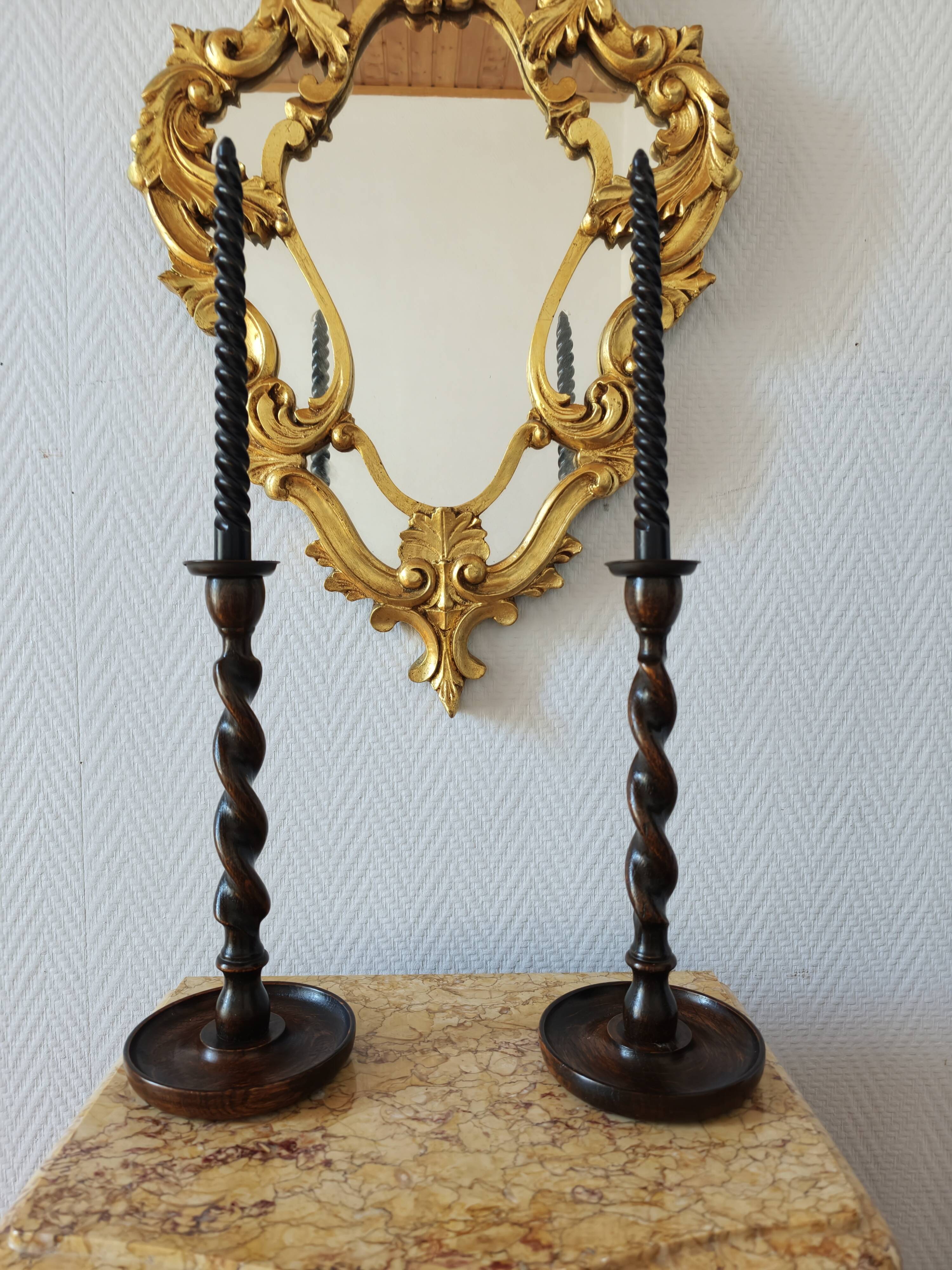 Pair of Barley Twist candlesticks in oak – English style, circa 1950