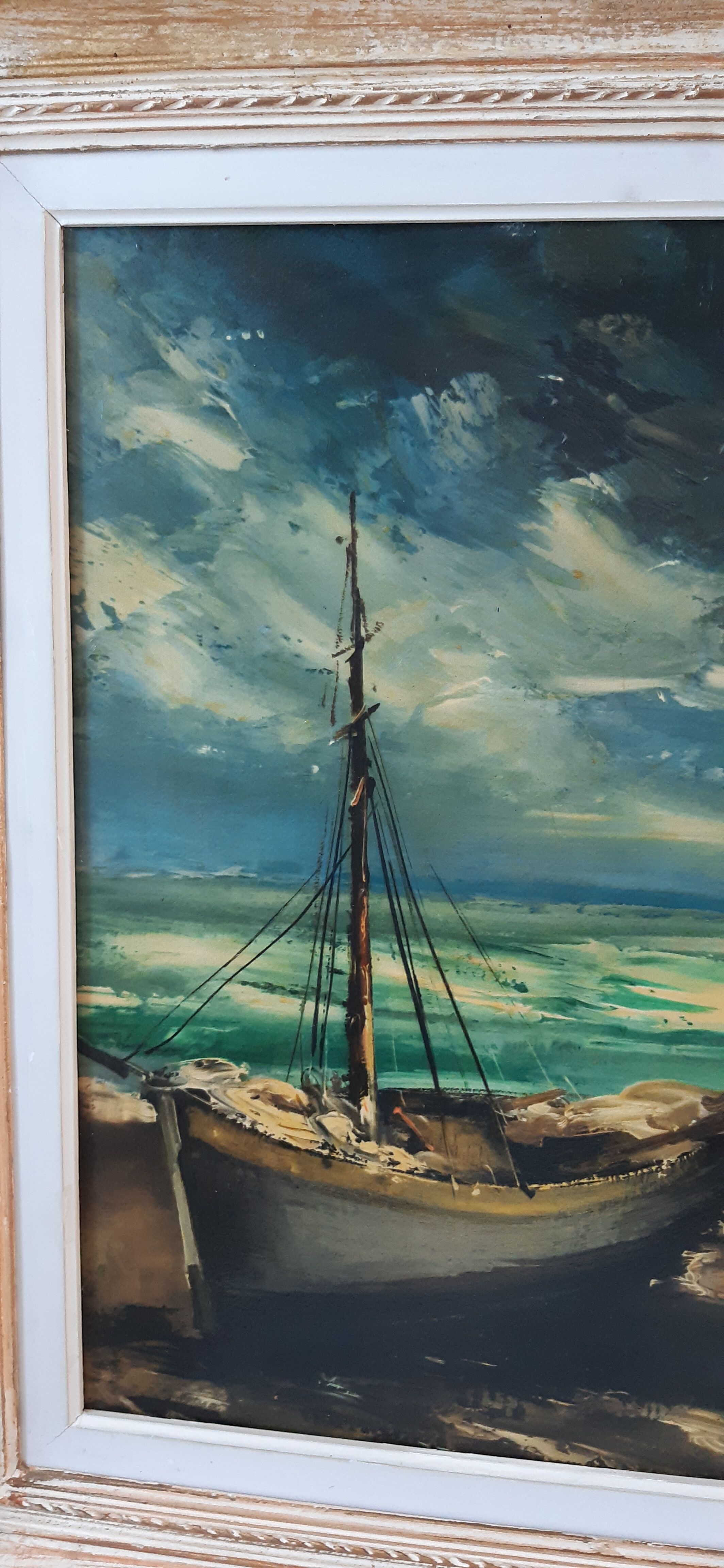 Tableau huile sur toile voilier signé vintage