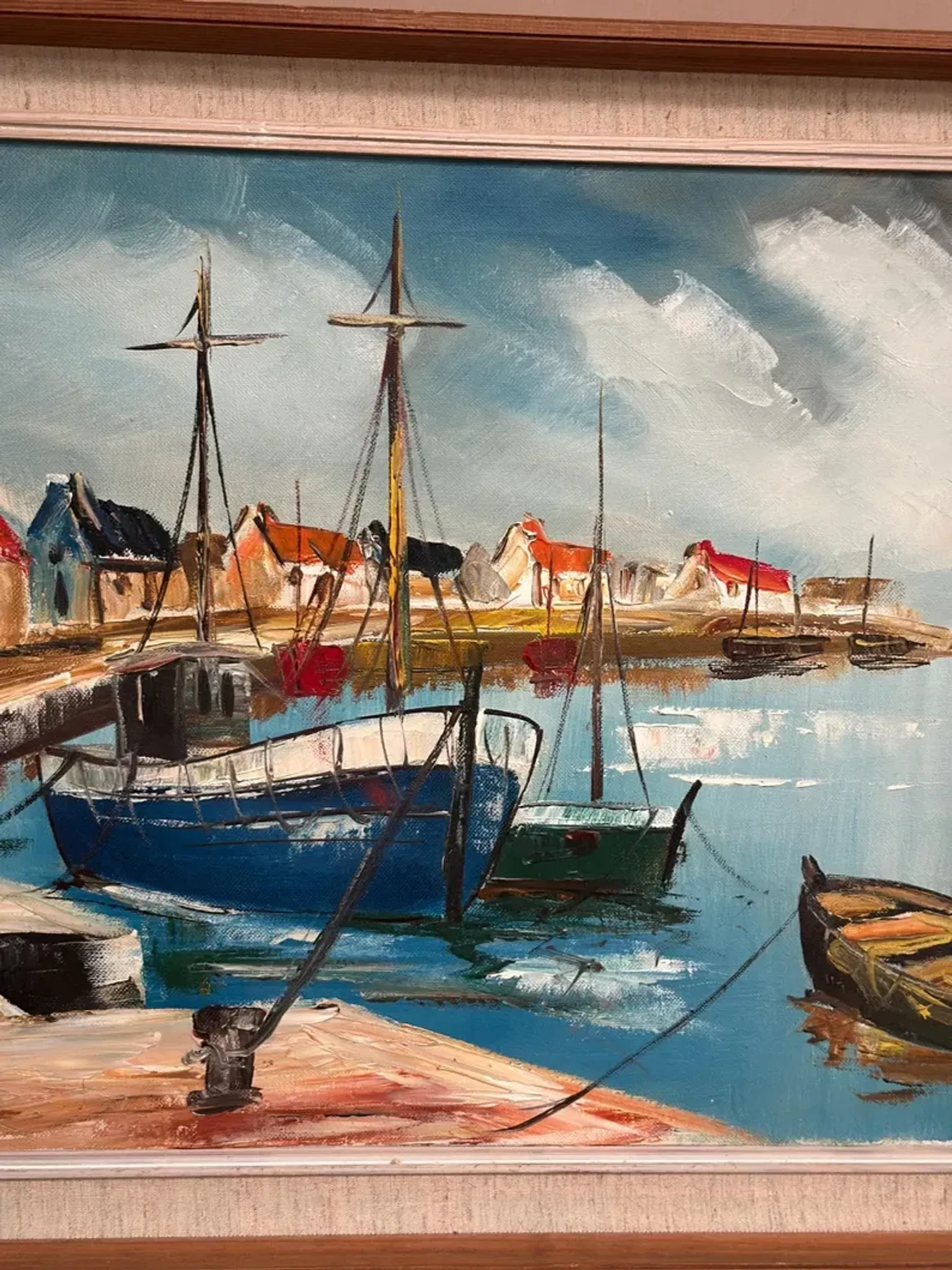 Original Swedish Oil on Canvas – “Boats” by Lennart Börje – Signed – Vintage & Framed 88.5 cm x 48.5 cm (34.8" × 19")