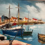 Original Swedish Oil on Canvas – “Boats” by Lennart Börje – Signed – Vintage & Framed 88.5 cm x 48.5 cm (34.8" × 19")
