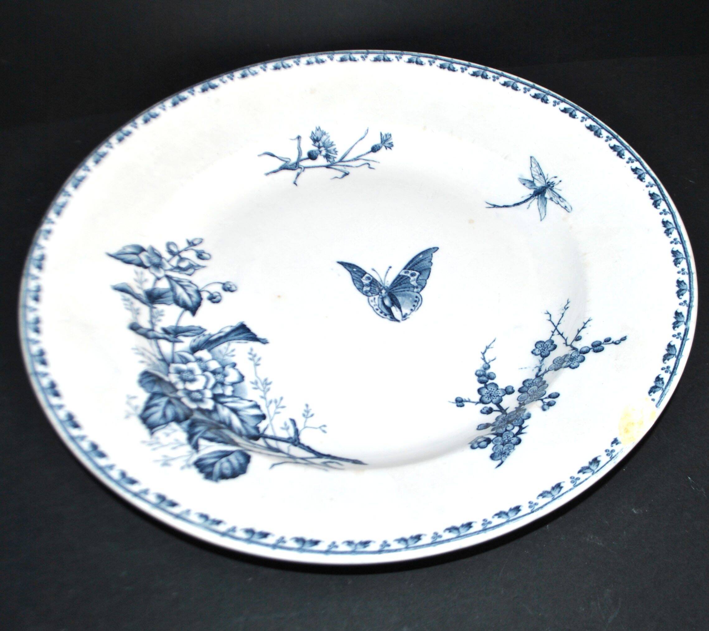 Sarreguemines round plate CARMEN blue butterfly dragonfly earthenware ironstone