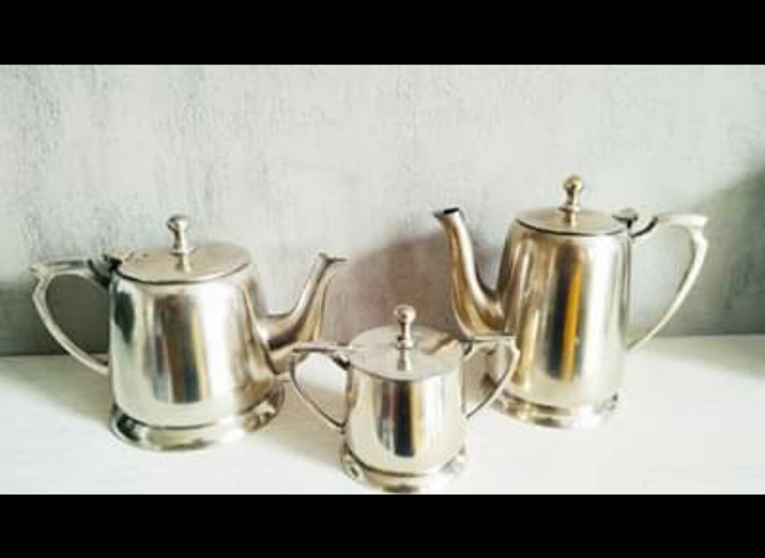 Coffee pot, teapot, sugar bowl and art deco milk pot