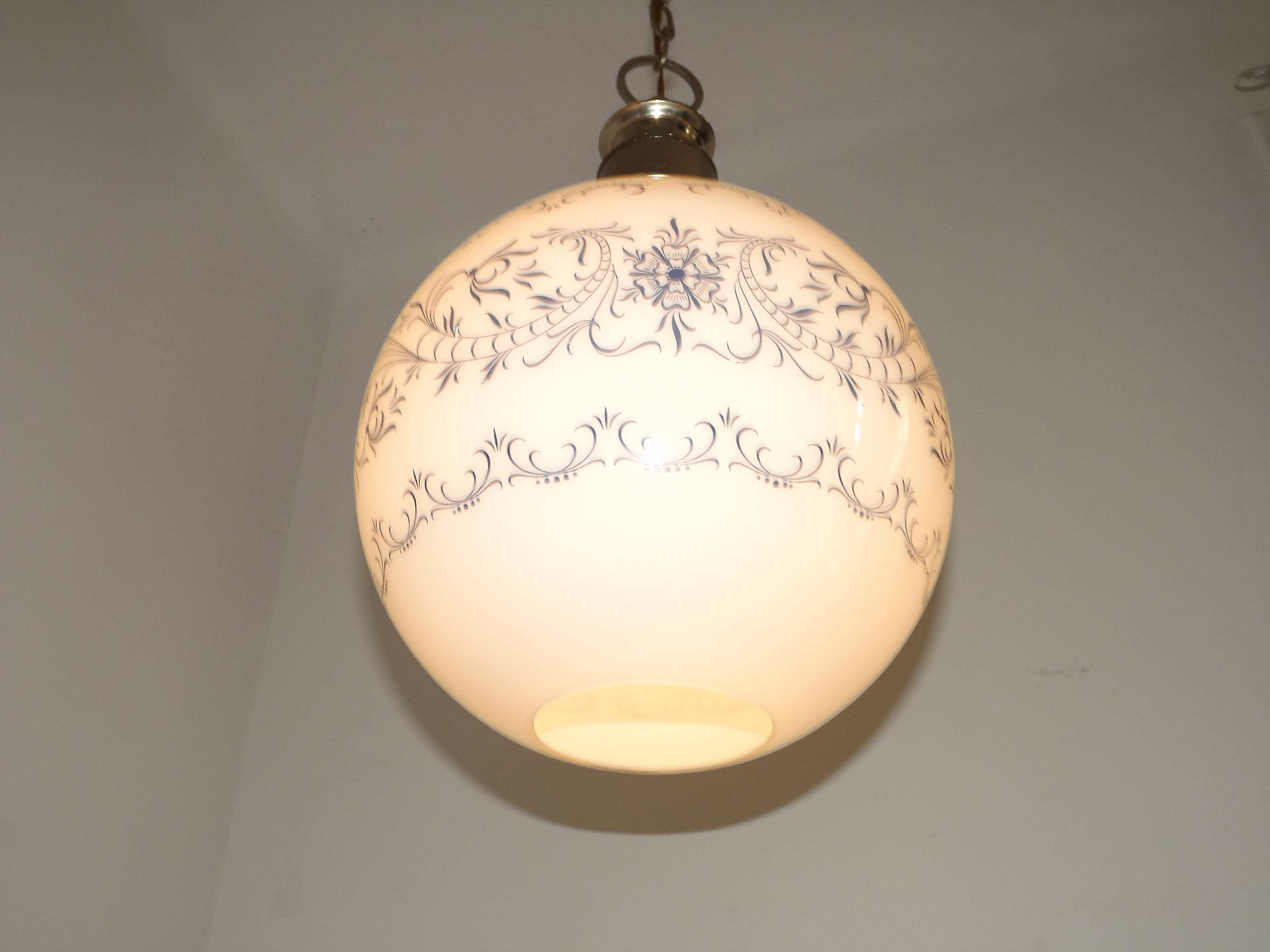 French Mid-Century Globe Pendant, Blue Pattern Shade, Vintage Hanging Light