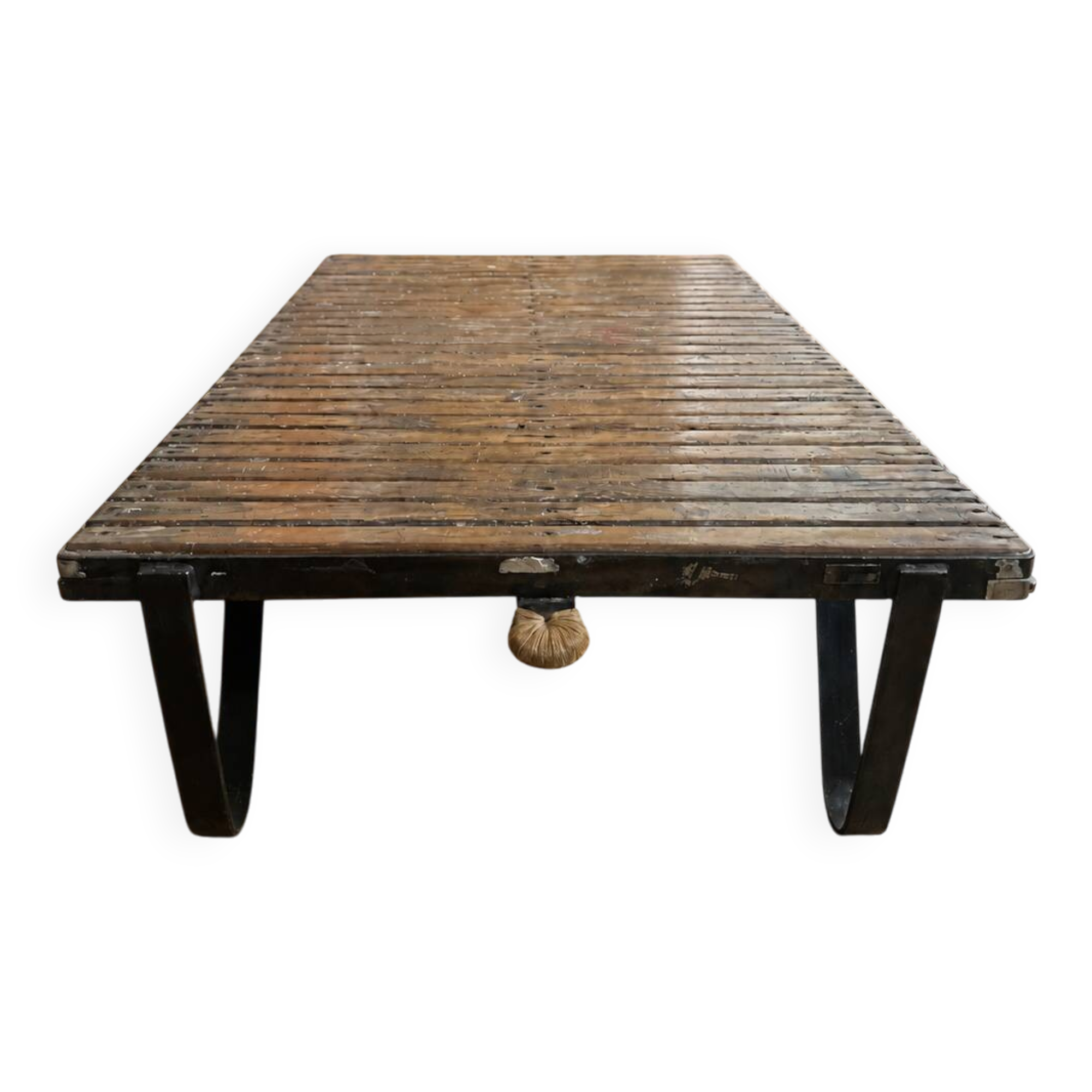 Industrial coffee table: mining cart, weathered wood top, quarries.