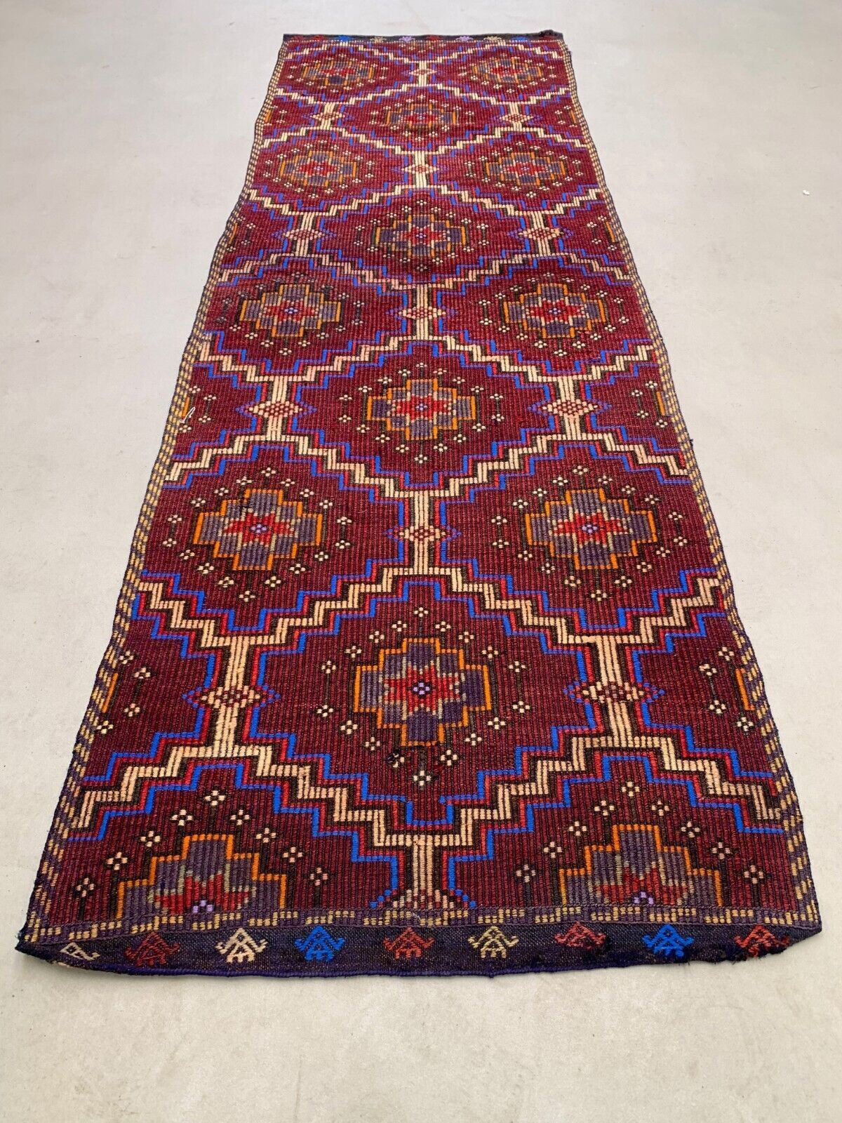 Old Turkish kilim runner 290x94 cm, shabby, vintage kelim red black 2490