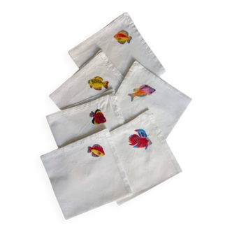 Set of 6 embroidered fish napkins