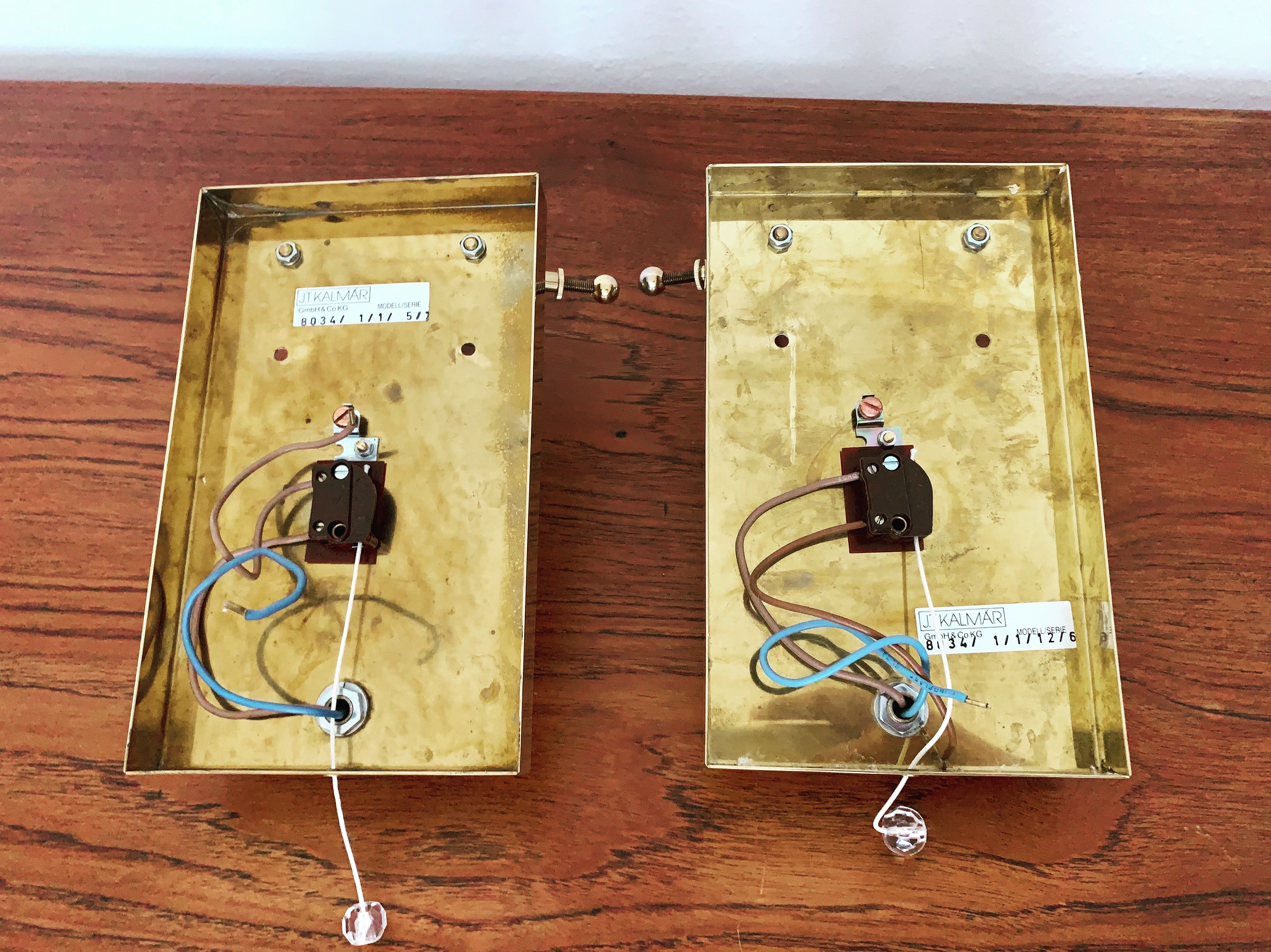 Set of 2 Mid Century Modern gilded ice glass wall lamps by J.T. Kalmar