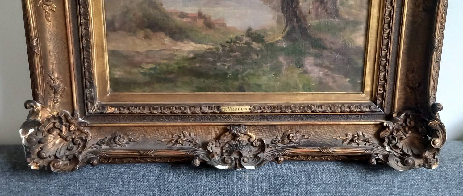 Old painting Late 19th century - R VERDUN (1873-1954) - Around the chin - 81*71.5 cms