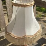 bedside lamp, small turned wooden foot and ecru pagoda lampshade with stripe and fringes