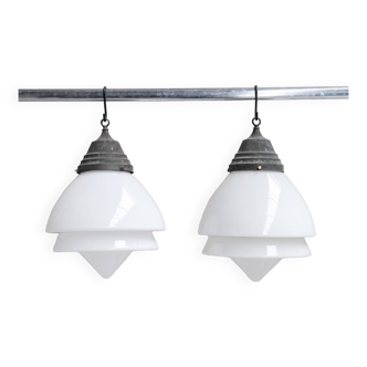 Pair of Antique French Large Opaline Glass Pendant Lights