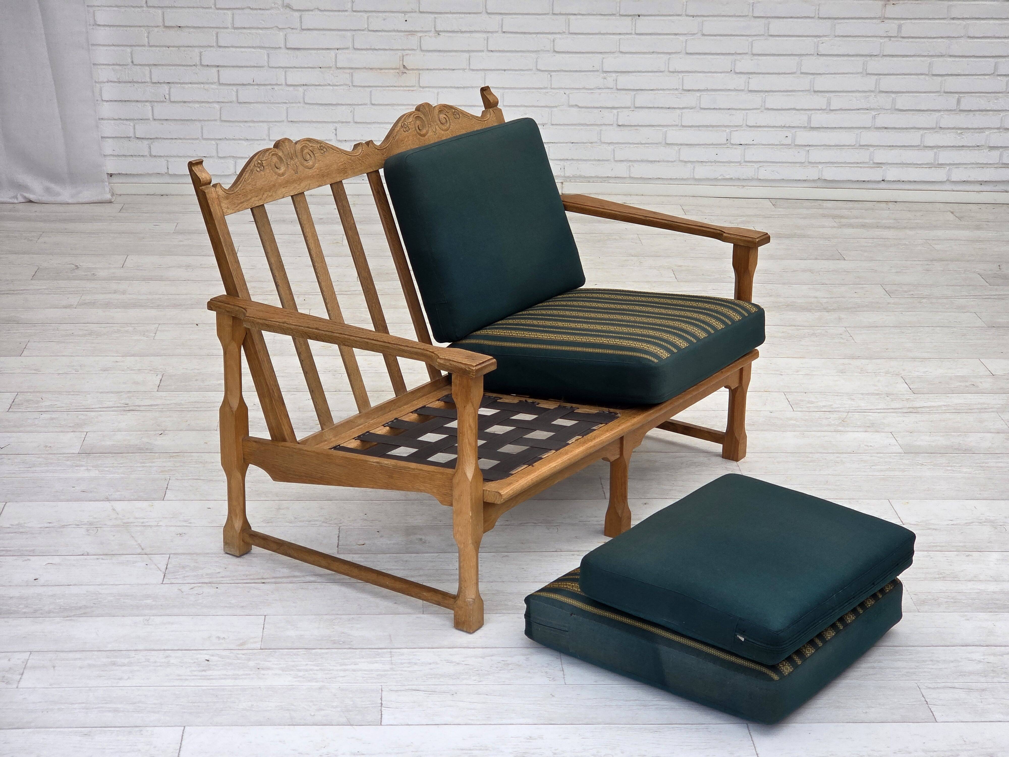 1970s, Scandinavian 2-seater sofa, furniture wool, solid oak wood.