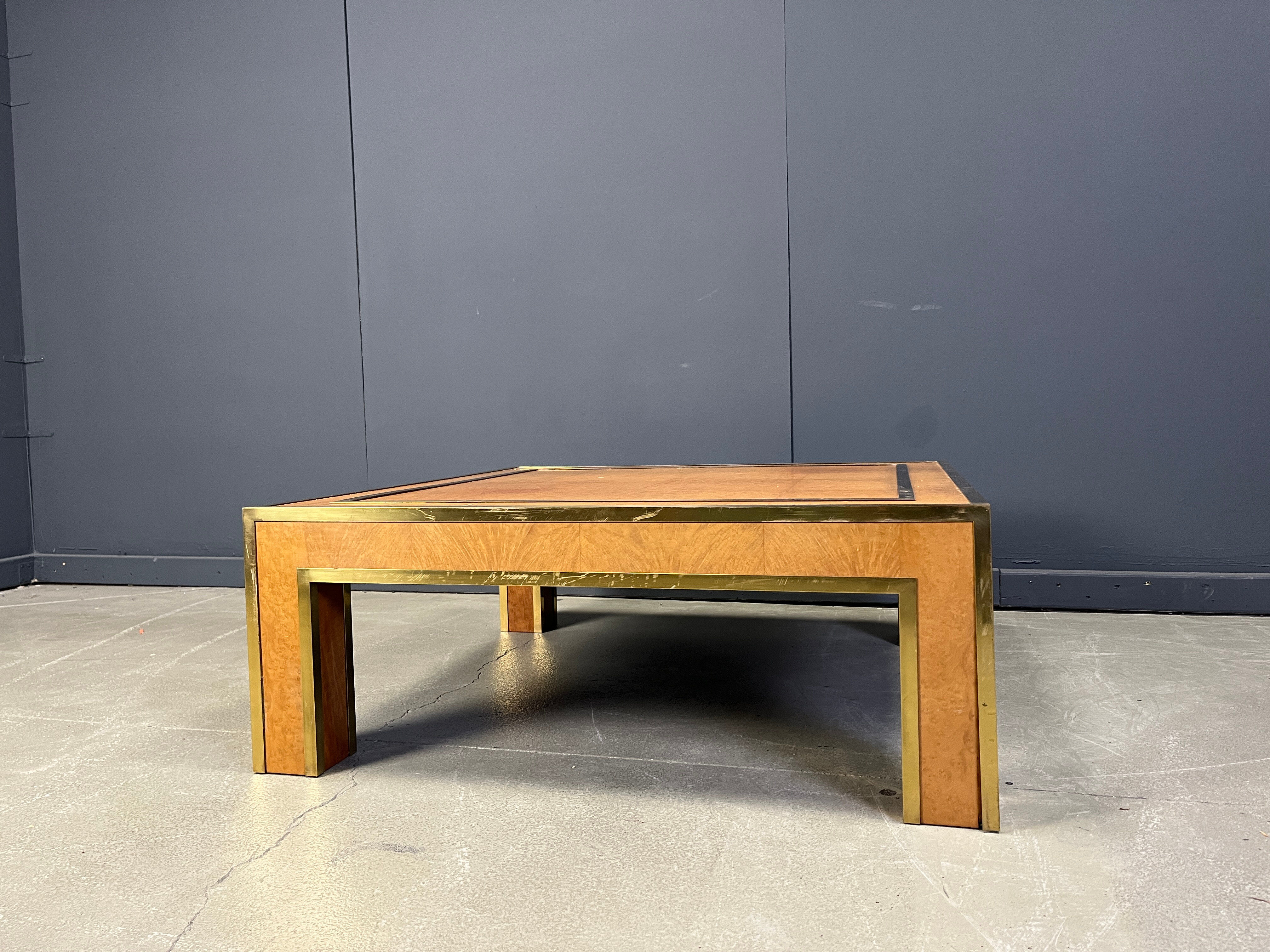 Brass and burl wood coffee table by Jean Claude Mahey, 1970s