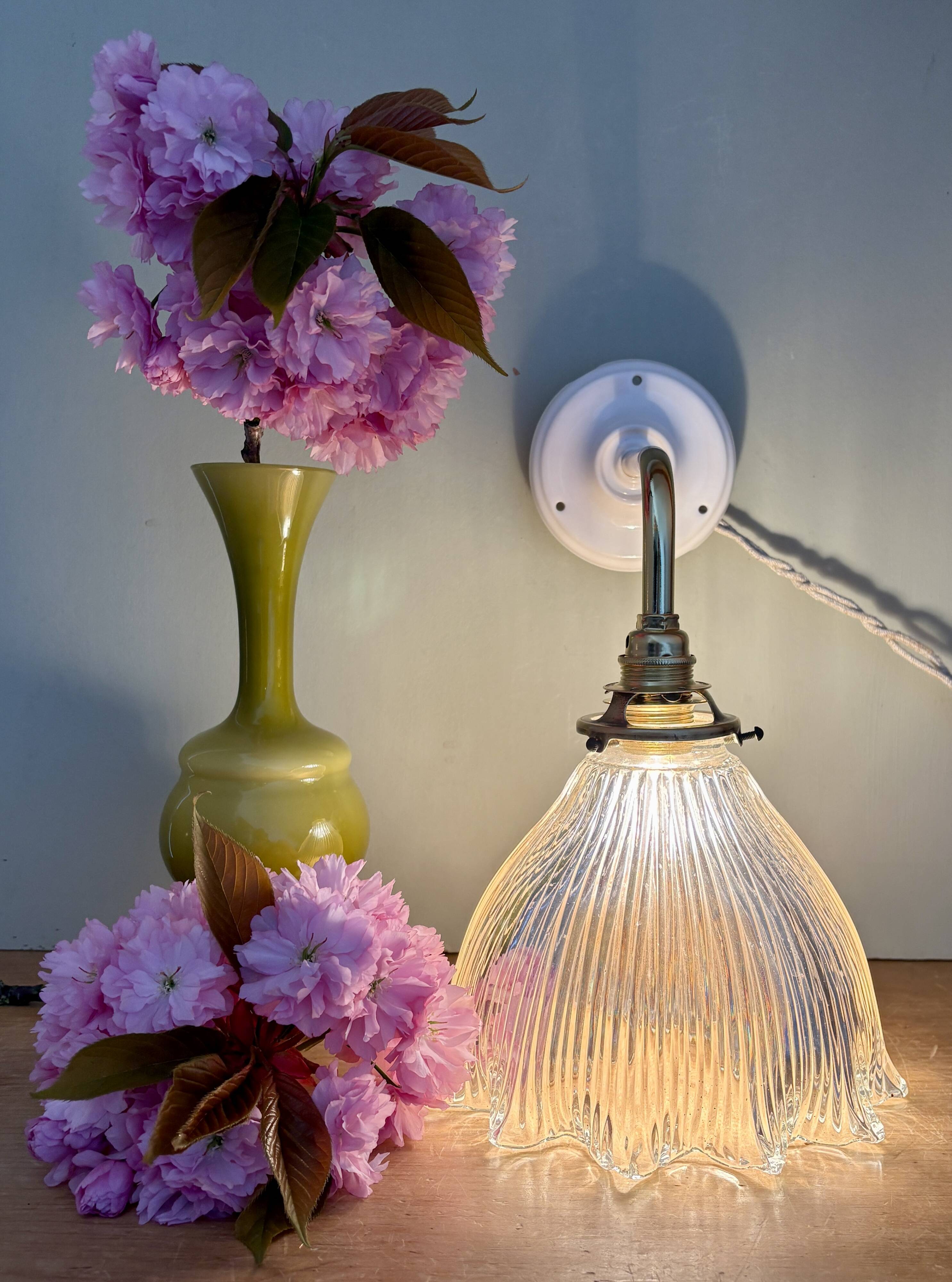 Elbow wall lamp with vintage holophane glass shade