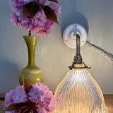 Elbow wall lamp with vintage holophane glass shade