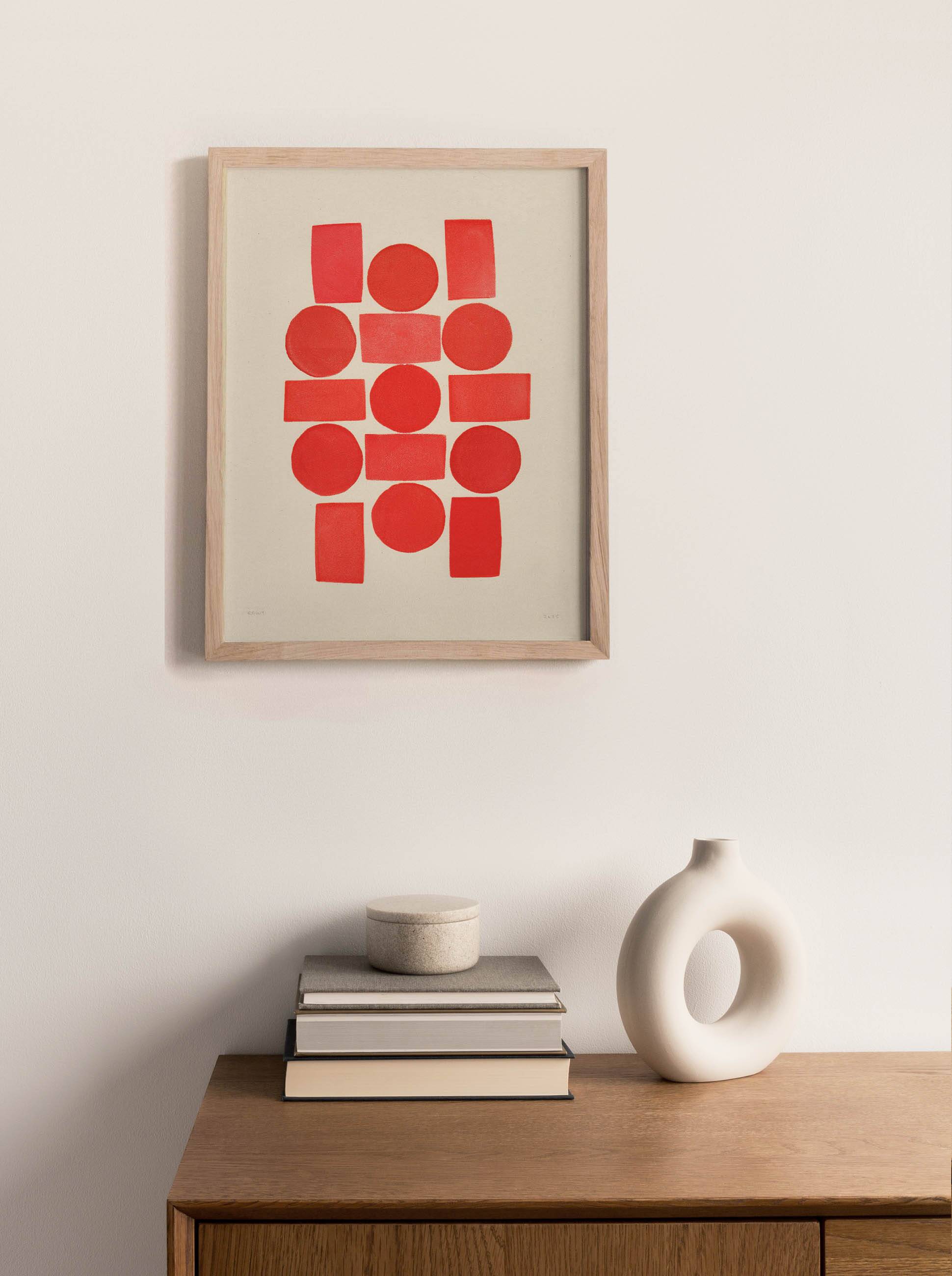 Abstract painting 30x40 geometric illustration in red signed Eawy.
