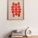 Abstract painting 30x40 geometric illustration in red signed Eawy.