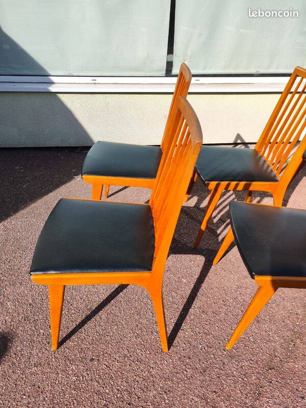 Set of 6 Scandinavian wooden and vintage leatherette chairs