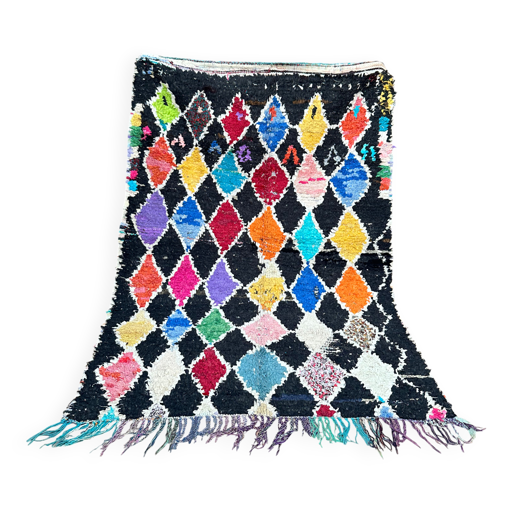 Vintage Boucherouite Berber rug: Hand-knotted Moroccan rug.