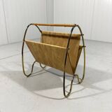 Porte-revues en laiton et rotin des années 1950