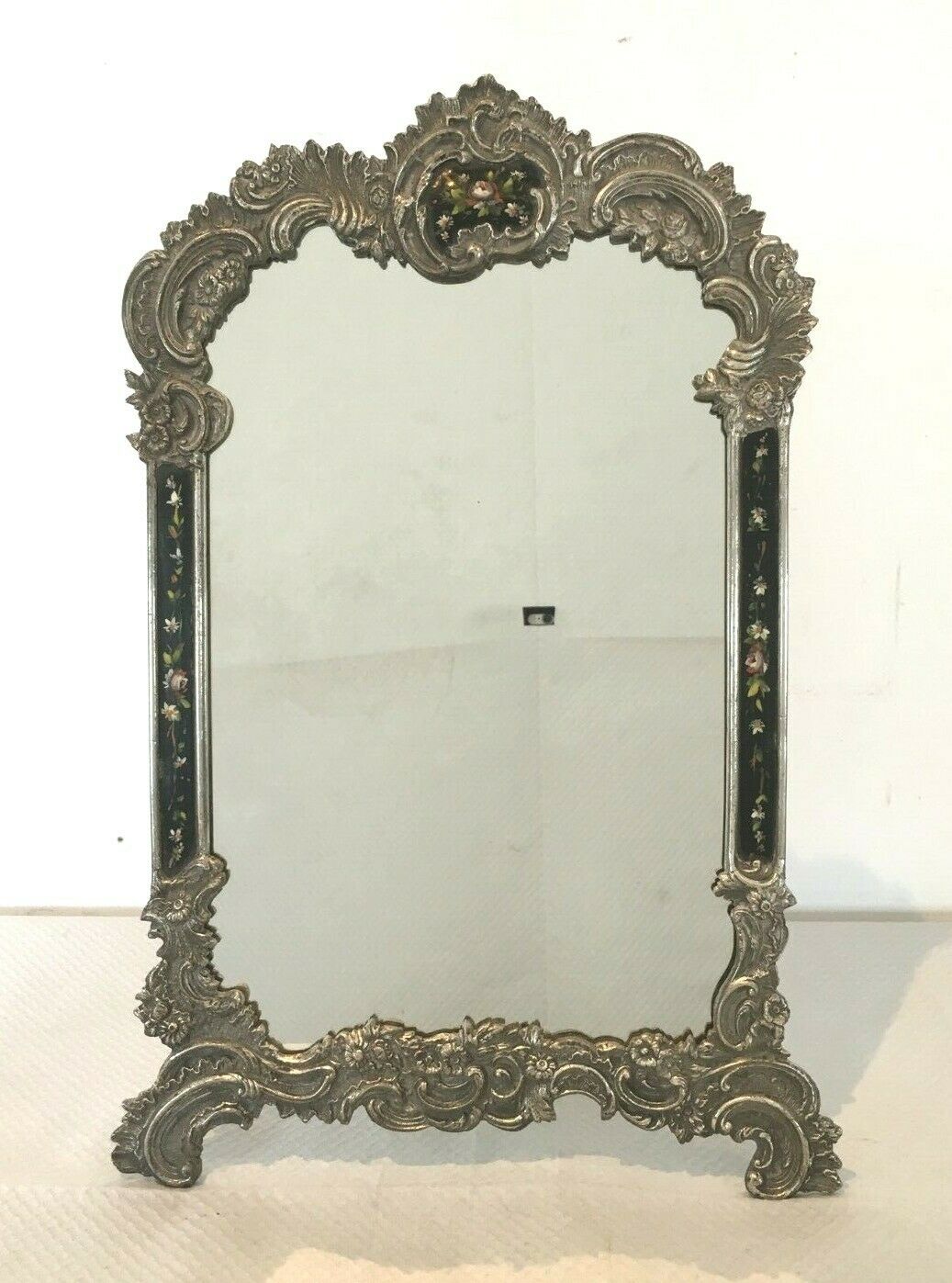 Louis XV style table mirror silver bronze frame floral painting 24x39cm