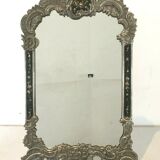 Miroir de table de style Louis XV cadre en bronze argenté peinture florale 24x39cm