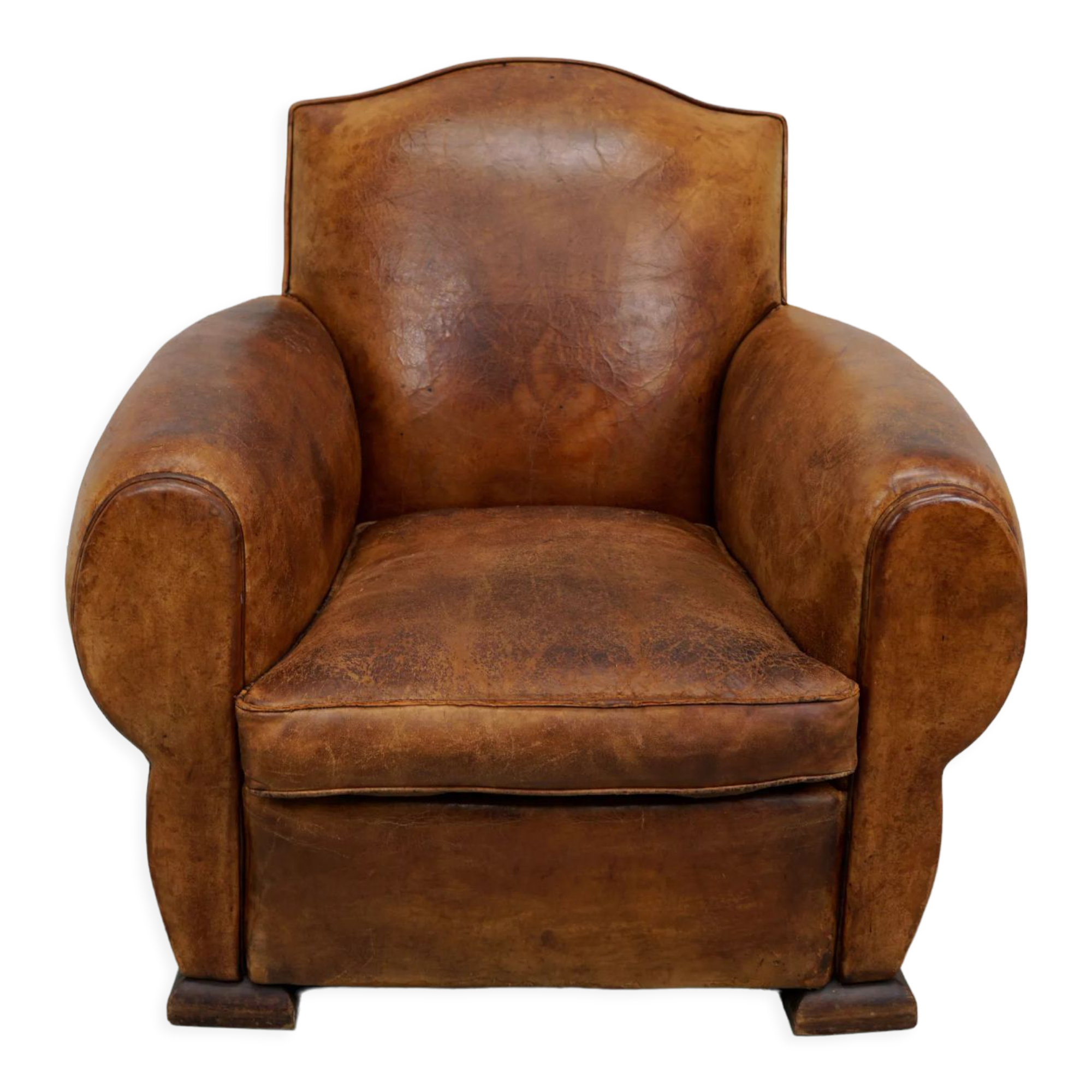 French moustache back cognac-colored leather club chair, 1940s