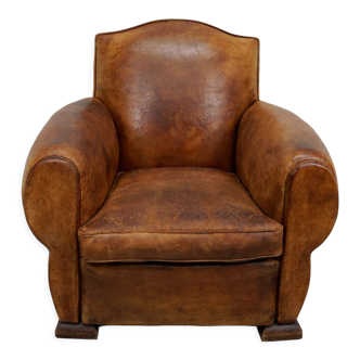 French moustache back cognac-colored leather club chair, 1940s