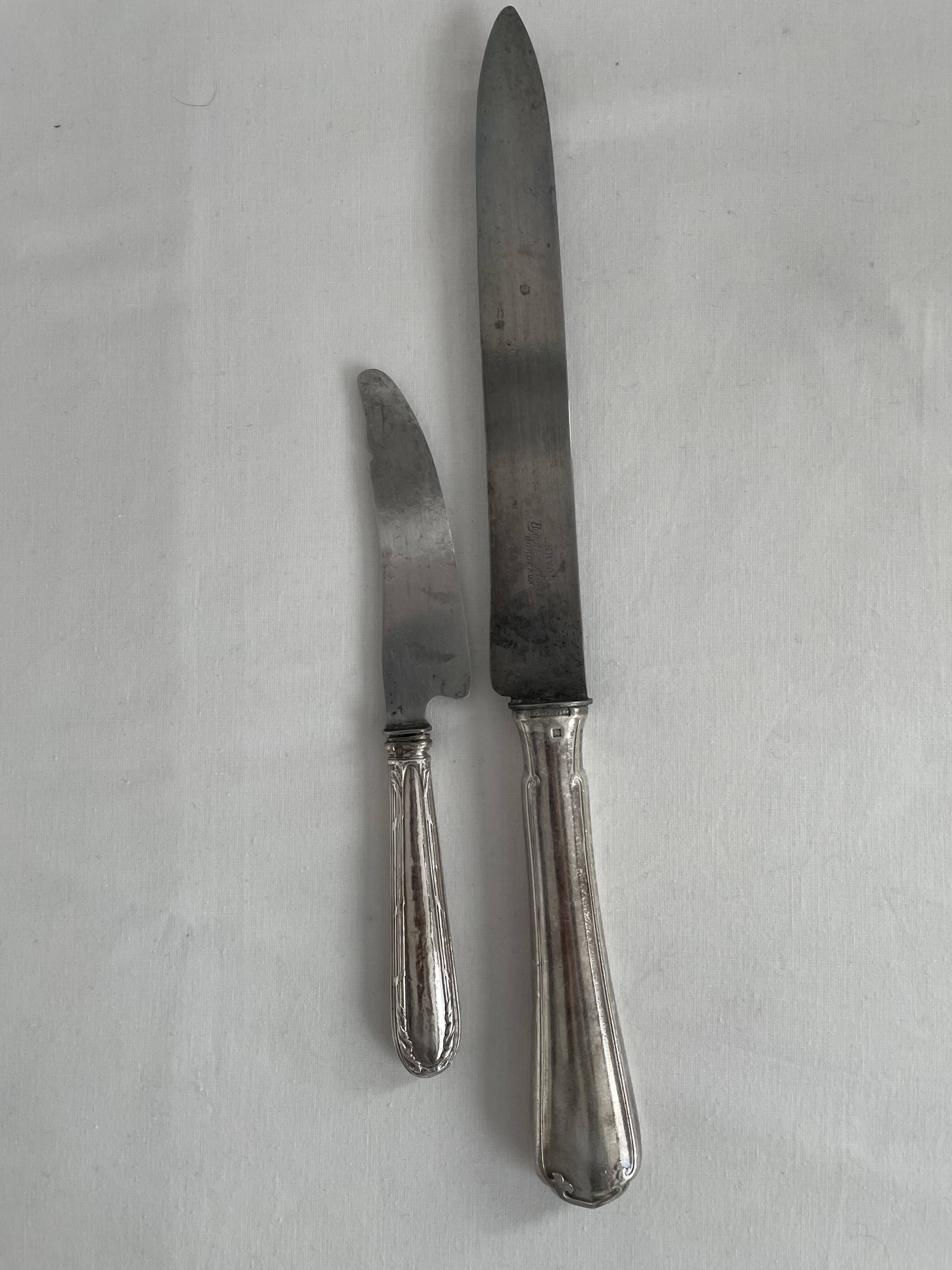Knife set, Charles Christofle, silver plated metal, Art Nouveau, plant decoration, cheese, large