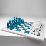 1970s Gorgeous Turquoise and White Chess Set in Volterra Alabaster Handmade Made in Italy