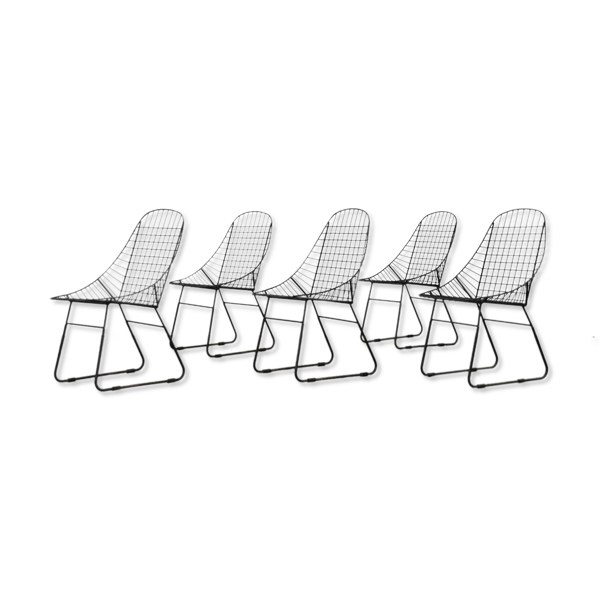 Chaise prototype originale vintage scandinave moderne du milieu du siècle en fil noir minimaliste, années 1960, ensemble de 2