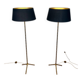 Pair of parquet floor lamps in faux-bamboo style in bronze and brass by Jacques Adnet.